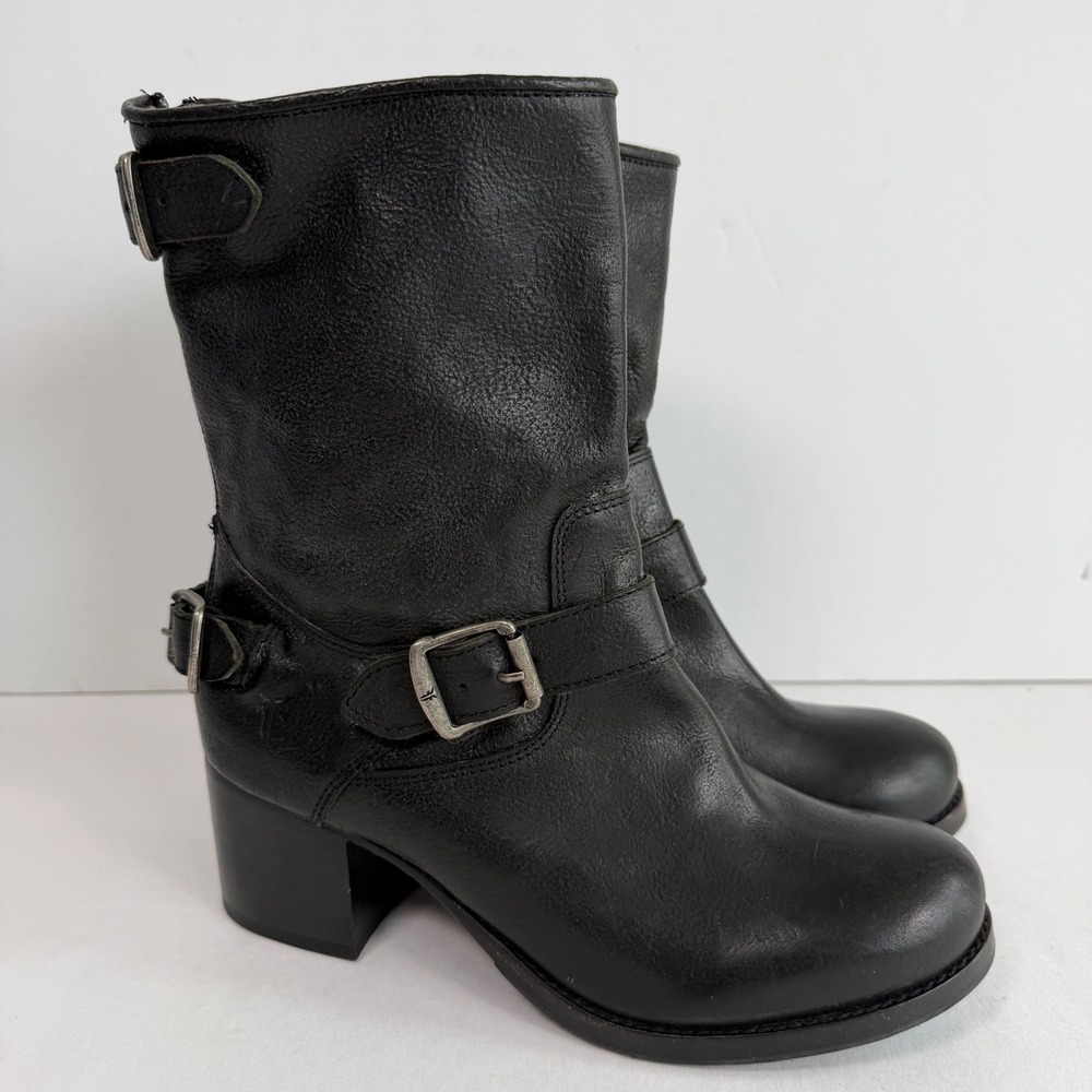 Frye Black Leather Engineer Boots 8 Mid Calf Zip Biker Festival Moto Edgy